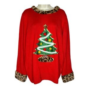 Animal Print Christmas Tree Red Knit Ugly Christmas Sweater Lisa International